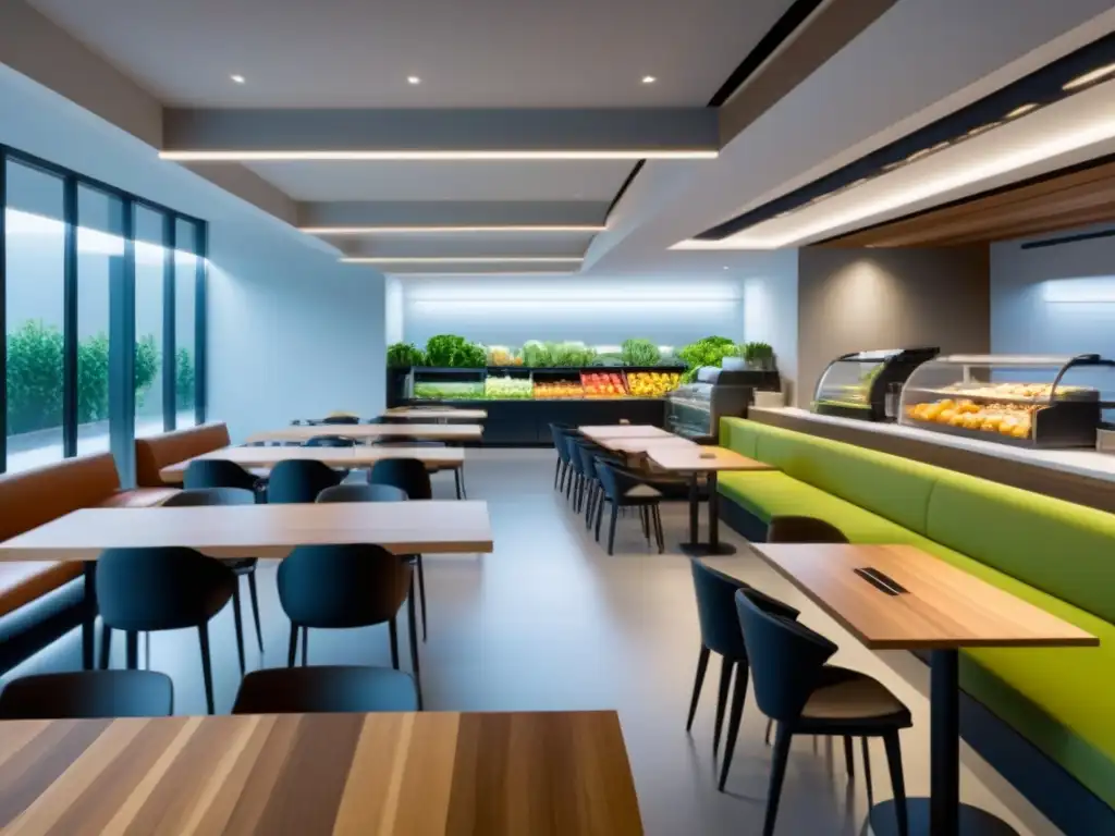 Un ambiente corporativo moderno y elegante con diseño sostenible, iluminación eficiente y alimentos frescos