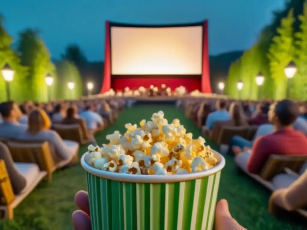 Un ambiente ecoamigable en un cine al aire libre sostenible al atardecer, con pantalla blanca iluminada y asientos reciclados