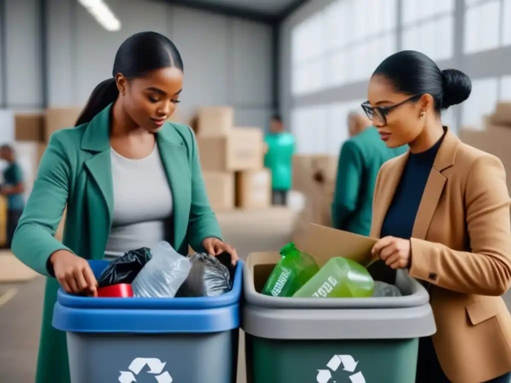 Un ambiente sereno y armonioso donde miembros de la comunidad colaboran para reciclar en instalaciones ordenadas