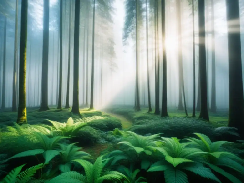 Ambiente sereno en un bosque verde con luz filtrada, reflejando la belleza de la naturaleza