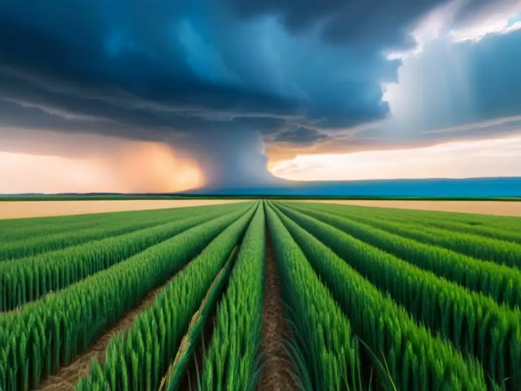 Amplio campo de trigo dorado bajo cielo azul con nube de tormenta lejana, simbolizando el impacto del cambio climático en la agricultura sostenible