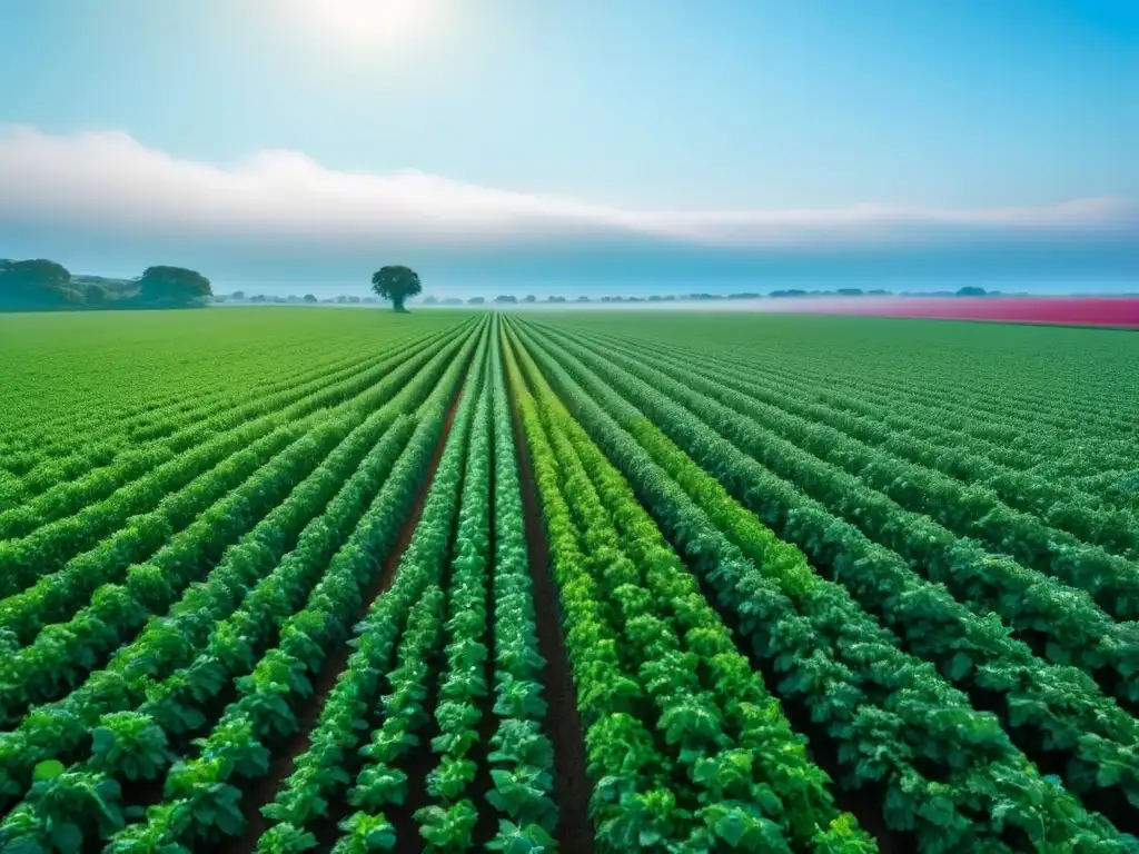 Amplio campo verde con cultivos vibrantes bajo cielo azul claro