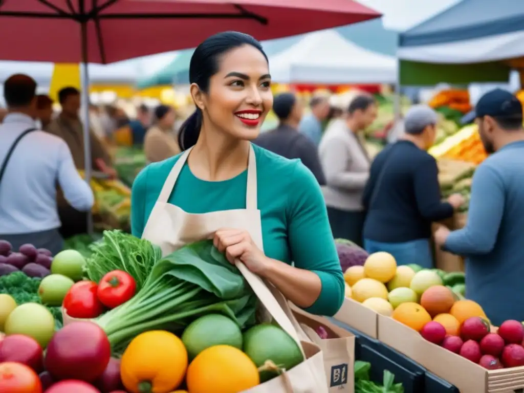 Un animado mercado de agricultores con alimentos coloridos y personas llevando bolsas reutilizables