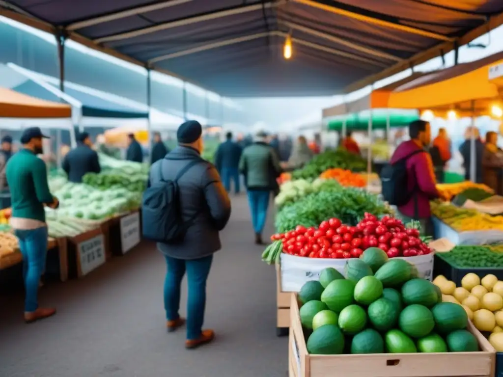 Un animado mercado de agricultores con productos verdes y comunidad comprometida