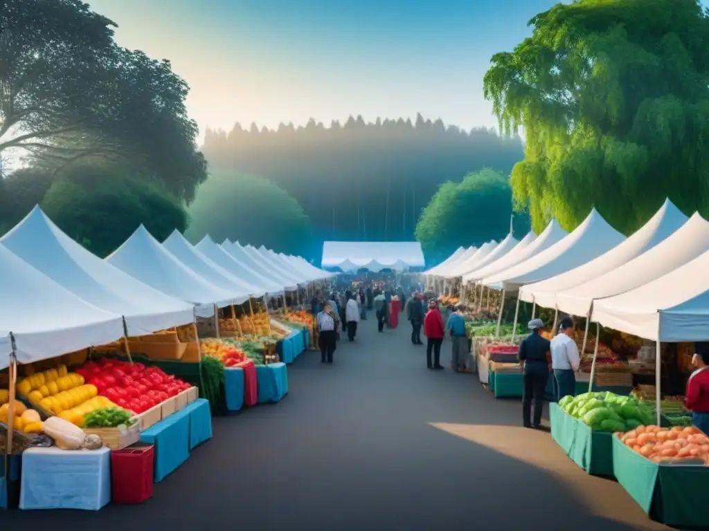 Animado mercado agrícola con productos frescos y coloridos bajo carpas blancas, clientes diversos apoyando prácticas sostenibles