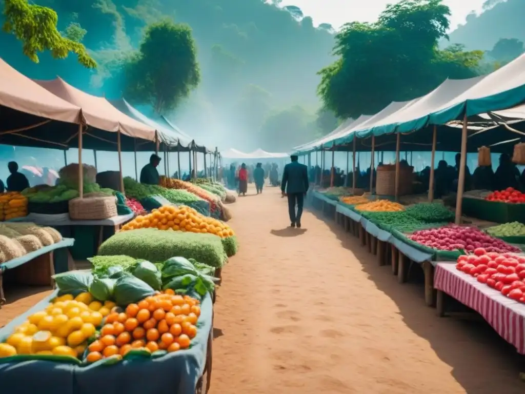 Un animado mercado con vendedores vendiendo productos orgánicos y artesanías bajo toldos coloridos, rodeados de vegetación exuberante