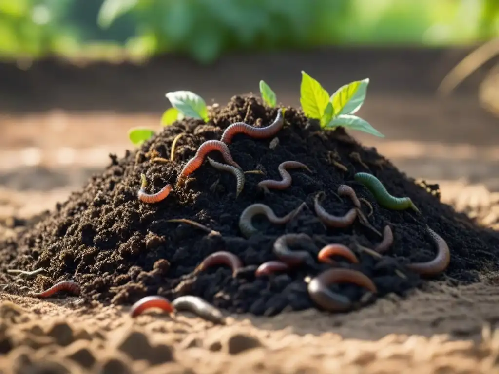 Un apacible montón de compost verde vibrante con capas de materia orgánica en descomposición y lombrices trabajando en la rica tierra