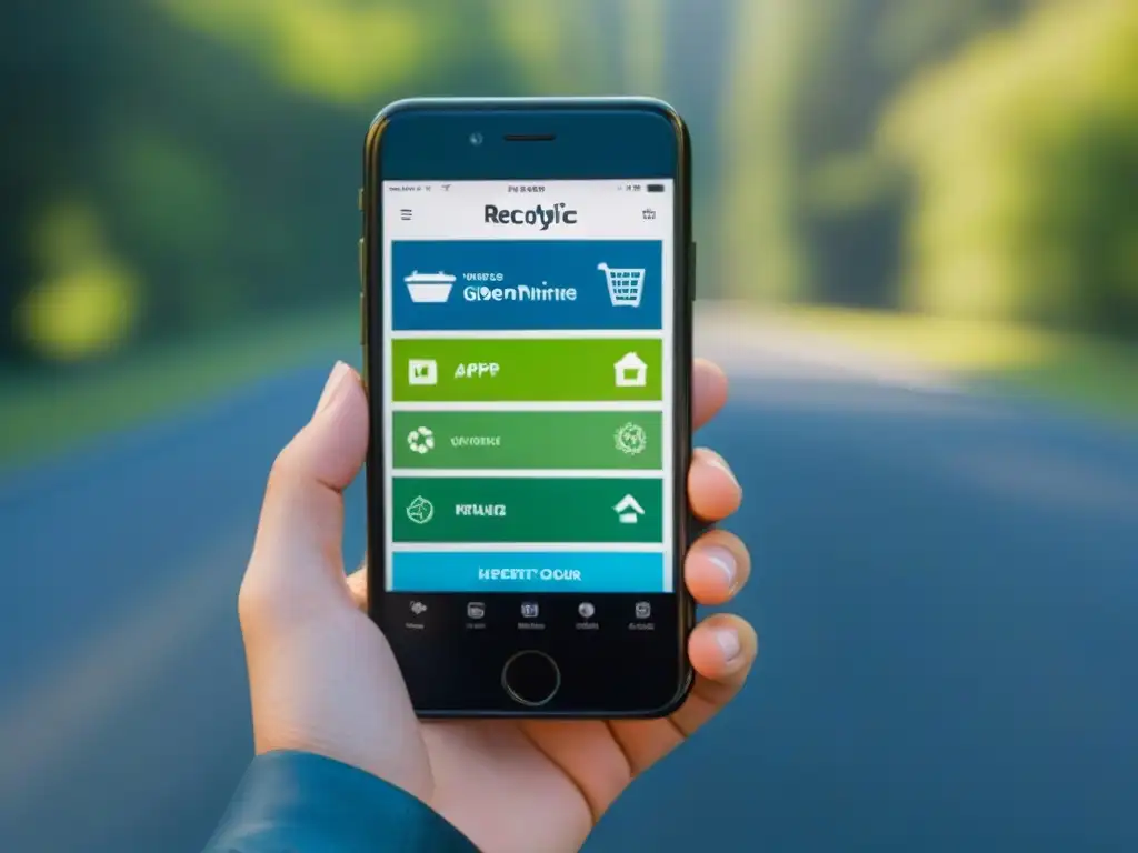 Cuatro aplicaciones de reciclaje en pantalla de móvil con diseño moderno y colores verdes y azules