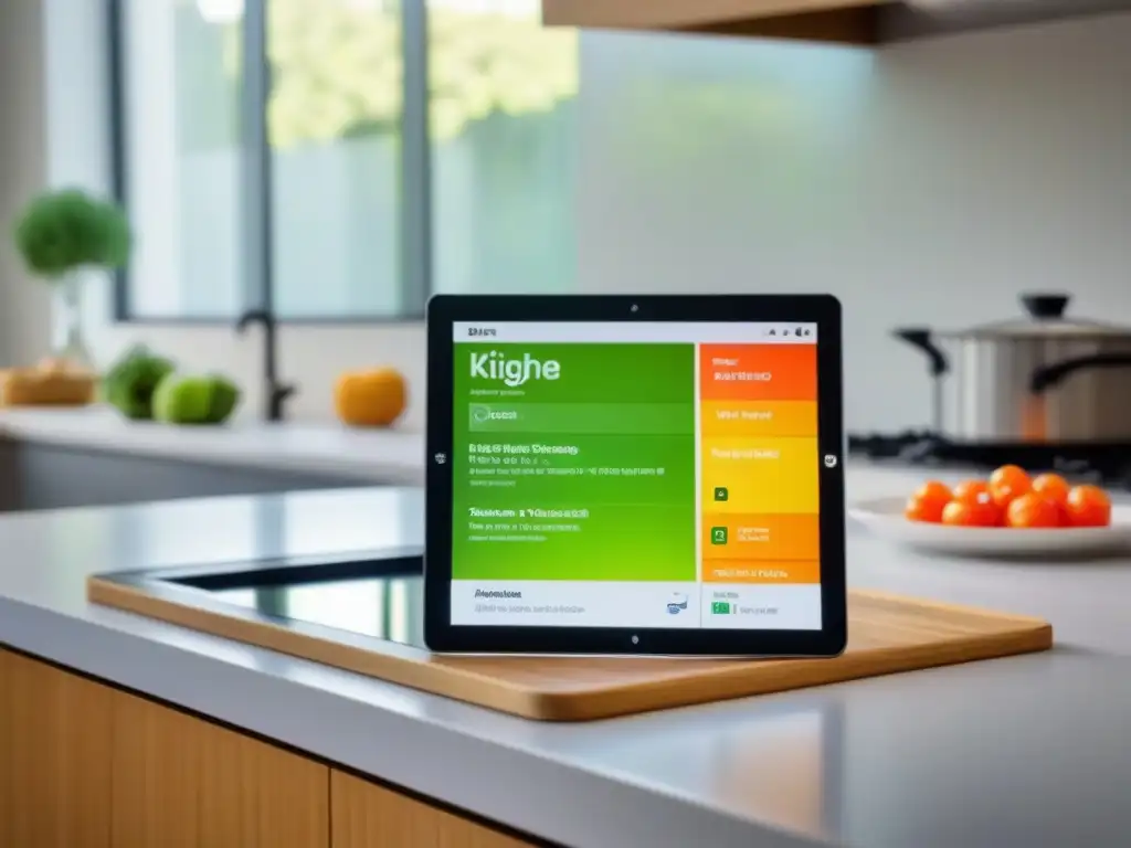 Una app para menús sostenibles en una tablet con diseño minimalista y menú de verduras frescas en una cocina iluminada