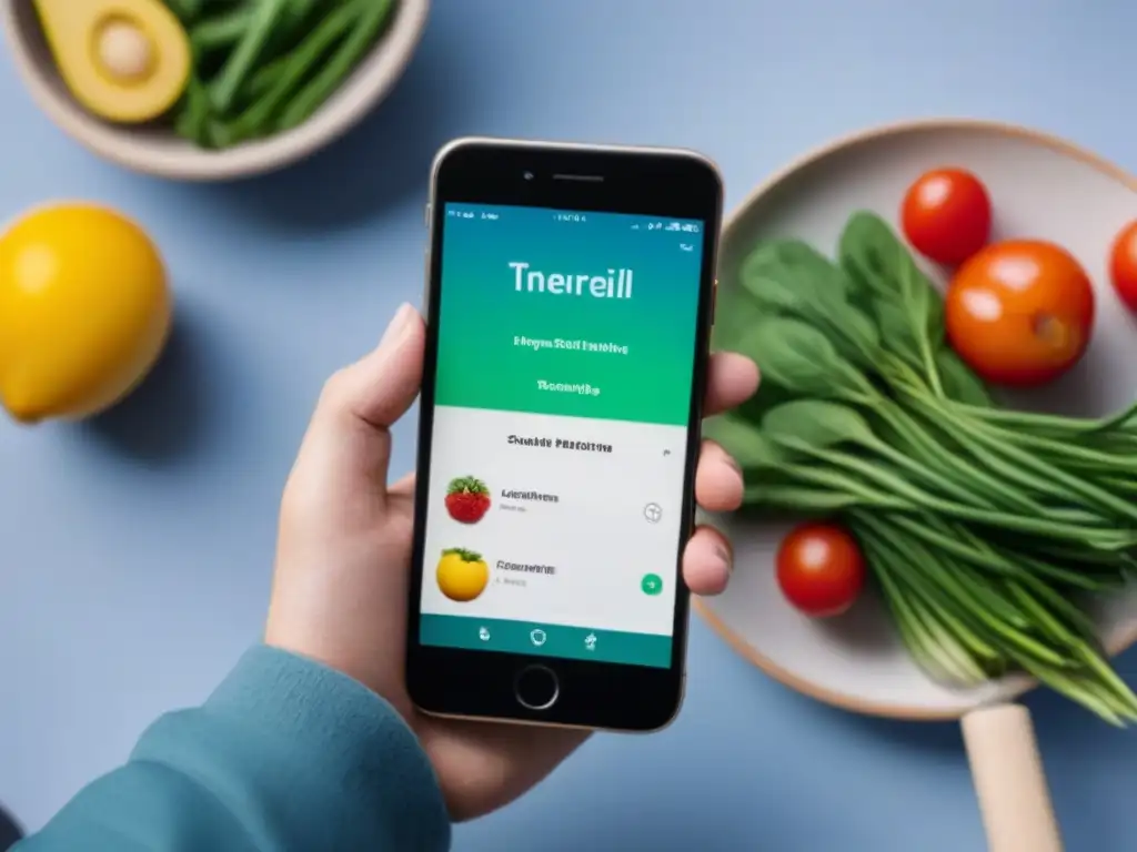 Una app de alimentación sostenible zero waste en un smartphone moderno con diseño minimalista y vibrantes iconos sobre fondo pastel