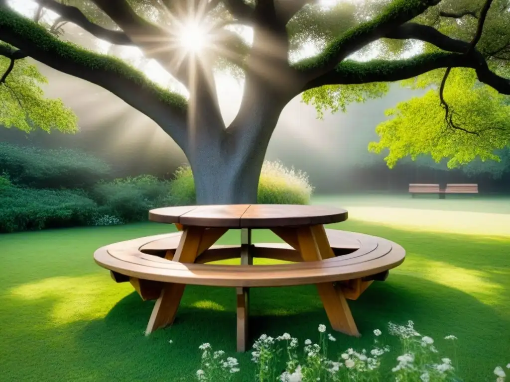 Aprendizaje sostenible al aire libre en aula rodeada de naturaleza, con banco de madera y mesa circular bajo árbol frondoso