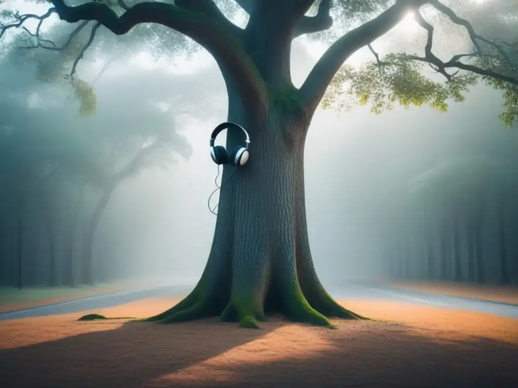 Un árbol con auriculares, simbolizando la armonía entre la música y la naturaleza