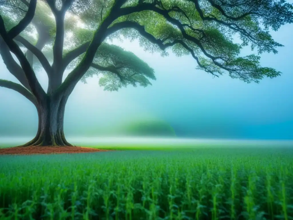 Árbol simétrico en campo verde extenso, bajo cielo azul