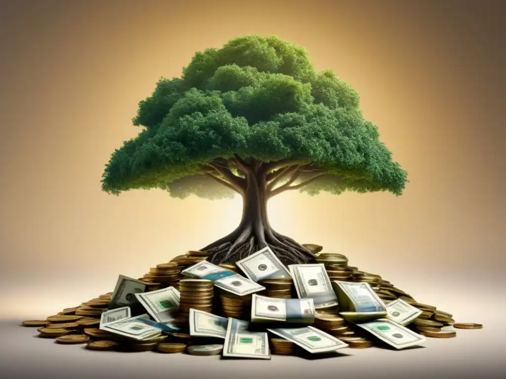 Árbol creciendo de dinero en tonos suaves, simbolizando invertir en bonos verdes paso a paso