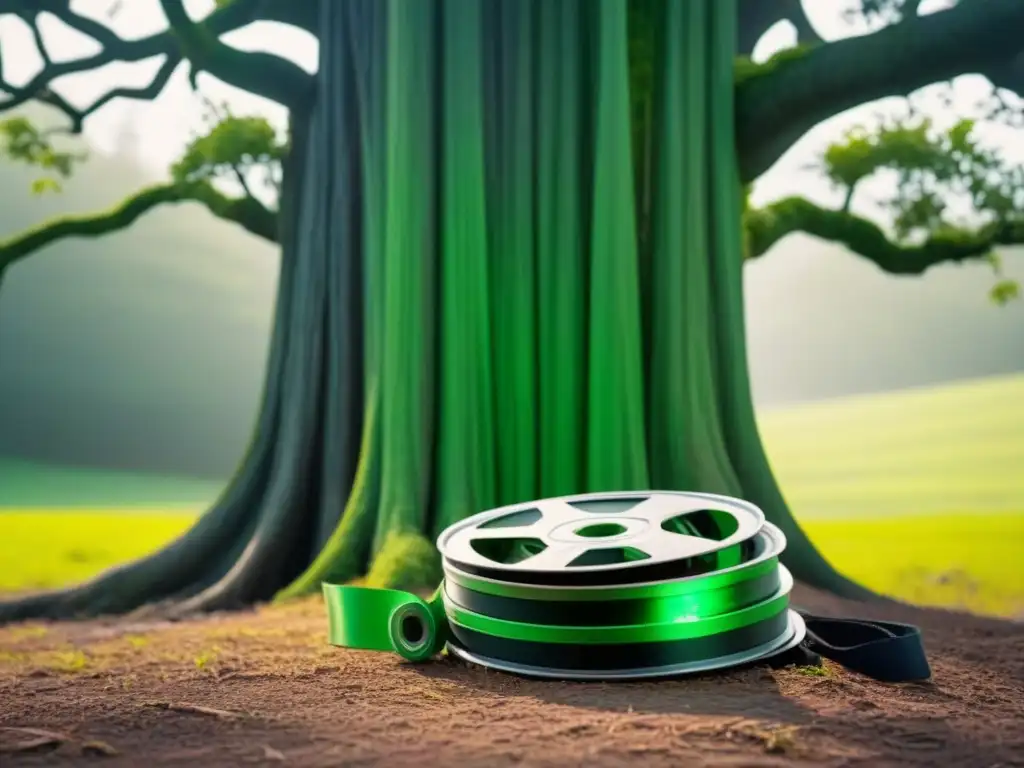 Un árbol floreciente surge de una bobina de cine verde, simbolizando el papel del cine en sostenibilidad