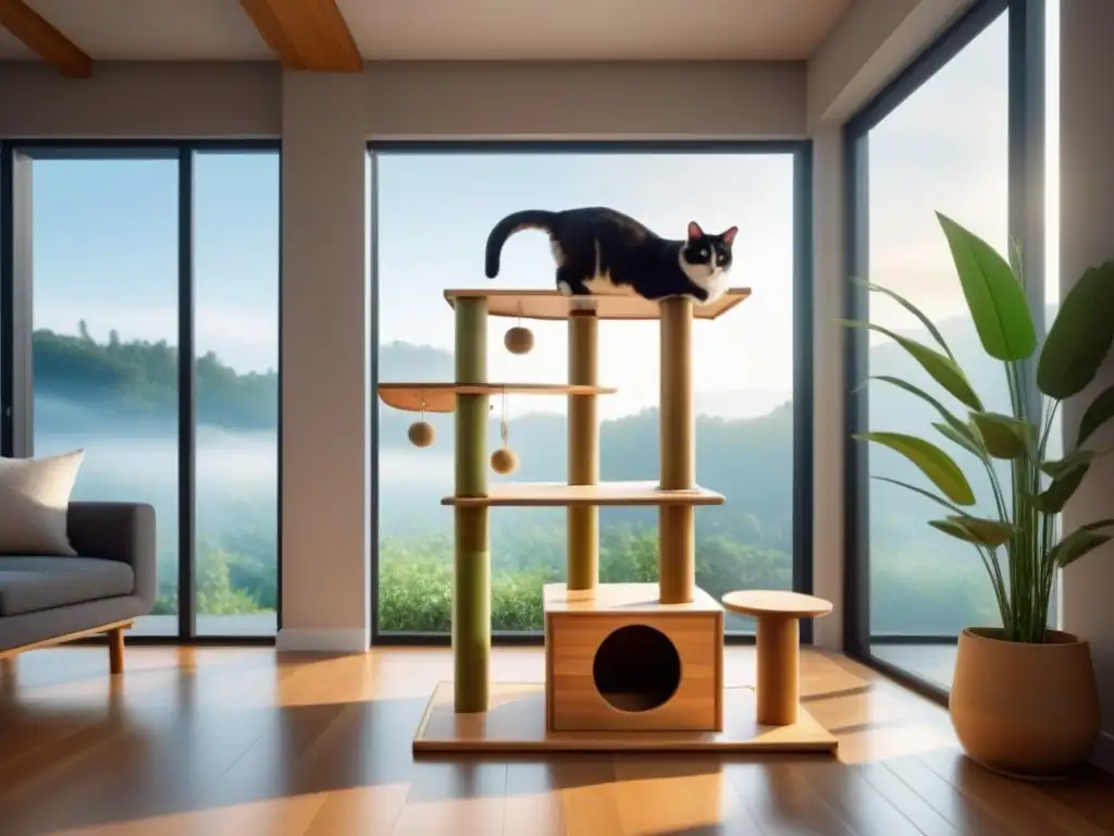 Un árbol para gatos de lujo elegante y ecológico en una habitación soleada con gadgets ecológicos lujo mascotas