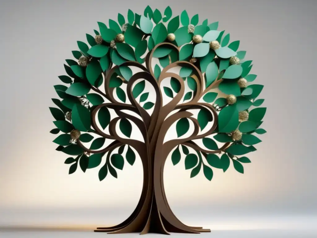 Un árbol hecho de materiales reciclados, reflejando los principios de reciclaje en materiales educativos