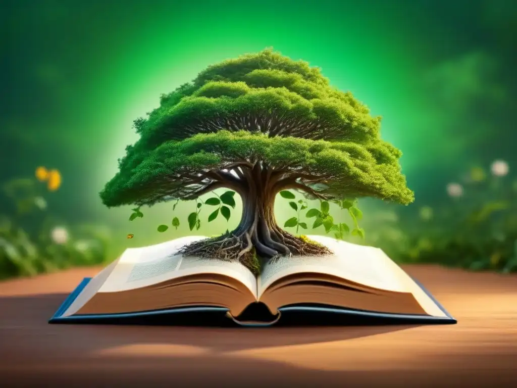 Un árbol crece desde un libro con hojas verdes, raíces intrincadas y flores vibrantes, simbolizando Narrativas Tierra Cuentos futuro sostenible