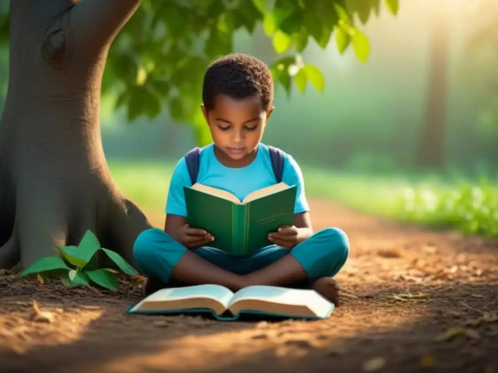 Niño leyendo bajo un árbol, libro ilustrado con naturaleza, simbolizando literatura y conciencia ambiental