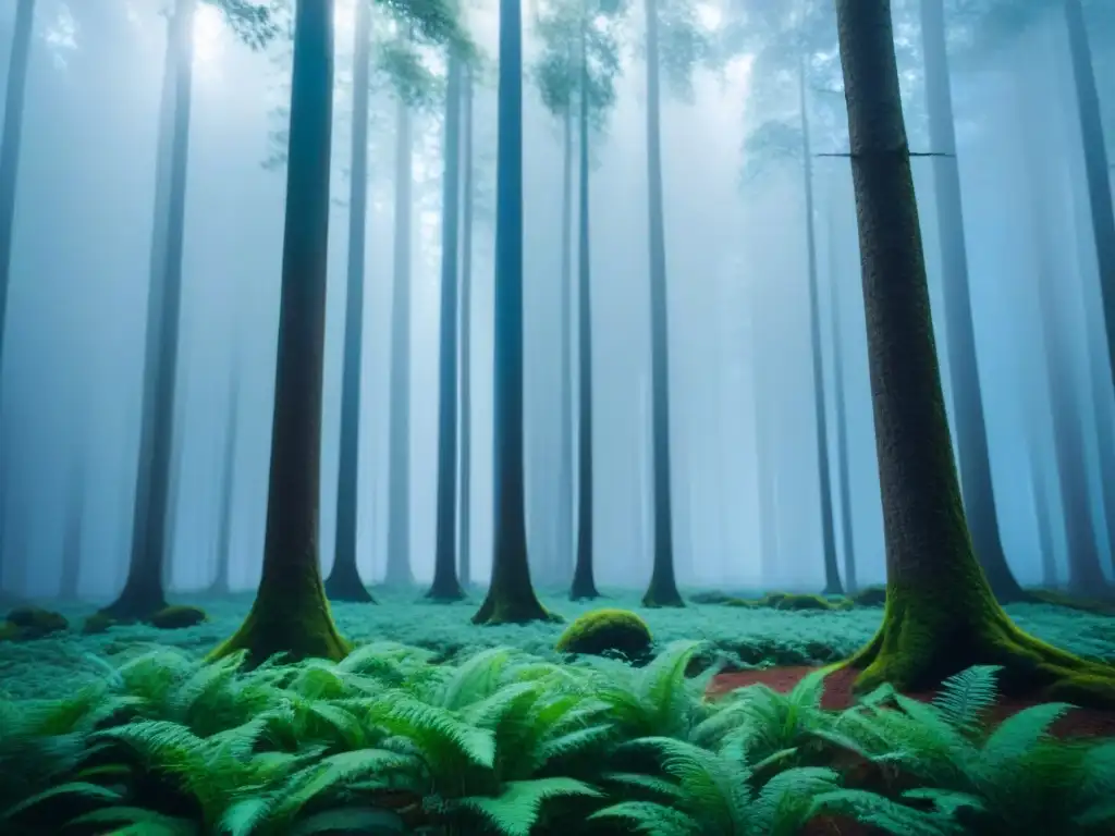 Un árbol majestuoso en un bosque verde bajo un cielo azul claro, simbolizando la importancia de reducir la huella de carbono en retiros de bienestar