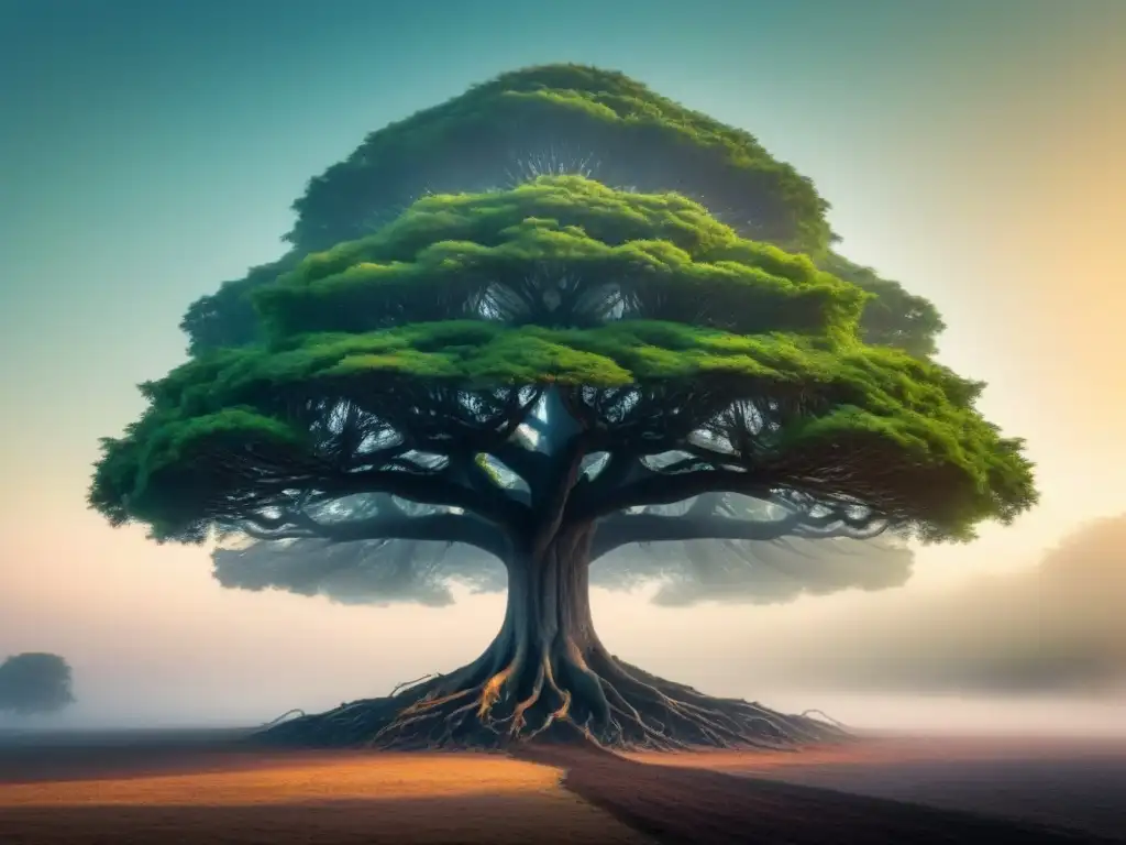 Un árbol majestuoso con raíces intrincadas simboliza la literatura sostenible en armonía con el estilo de vida zero waste