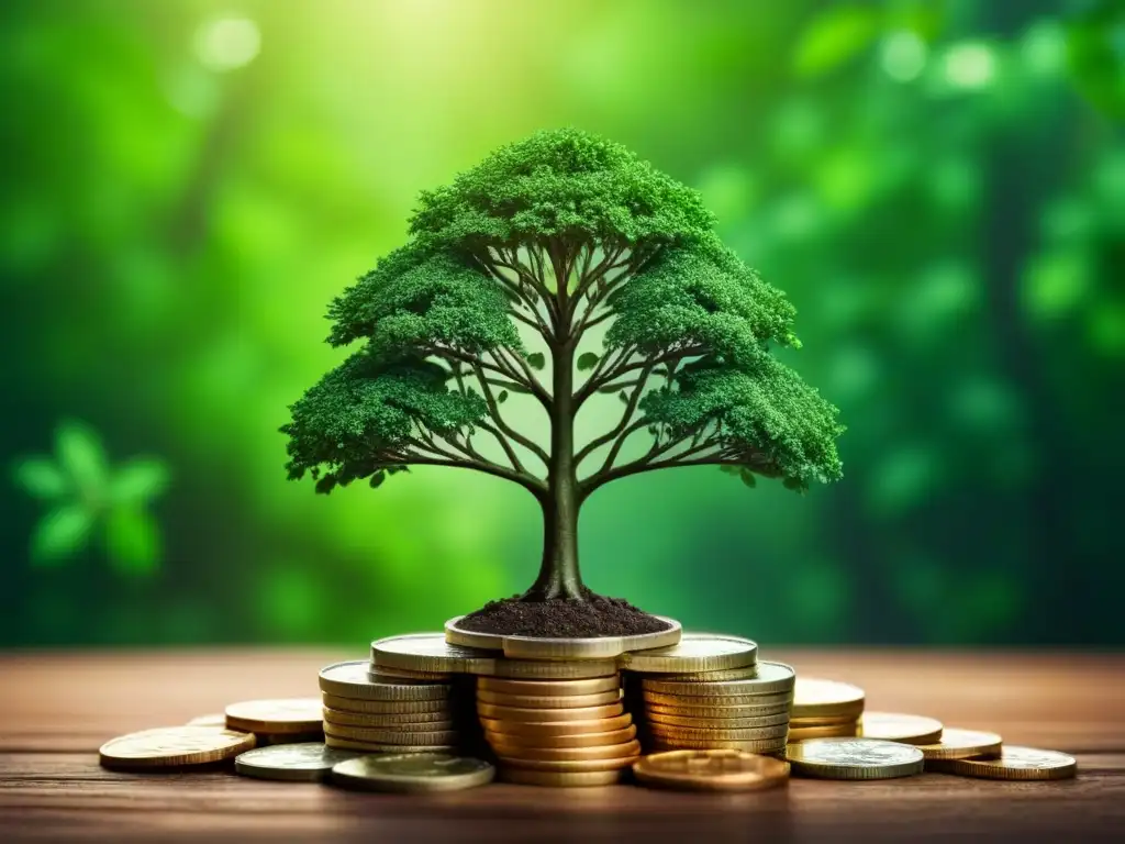 Inversión sostenible: árbol de crecimiento financiero Árbol creciendo sobre monedas, ilustrando el impacto de Inversiones sostenibles vs tradicionales