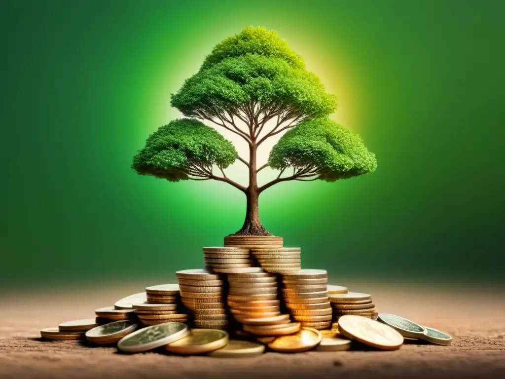 Un árbol crece desde monedas, simbolizando inversiones sostenibles para estilo de vida zero waste