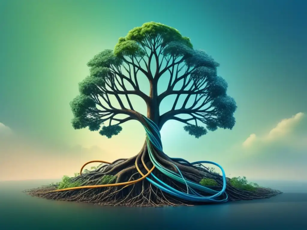 Infografía del árbol con raíces entrelazadas con cables de datos, fusionando naturaleza y tecnología en conciencia del cambio climático