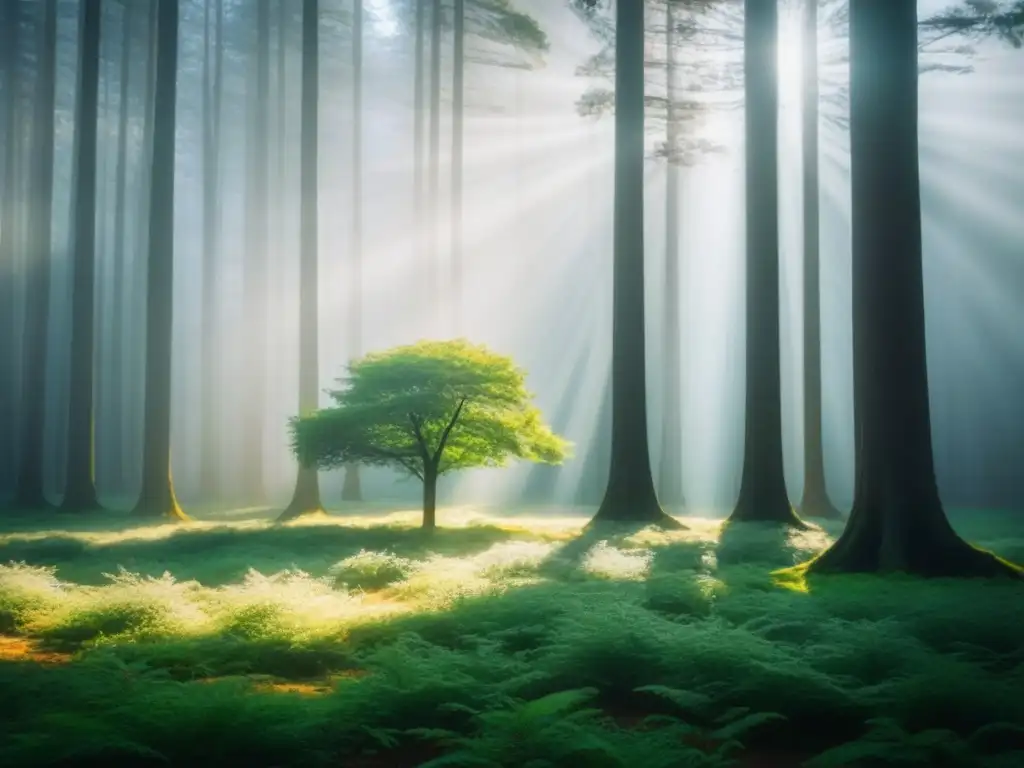 Un árbol solitario destaca en un bosque sereno con rayos de sol filtrándose entre las hojas, creando una atmósfera contemplativa