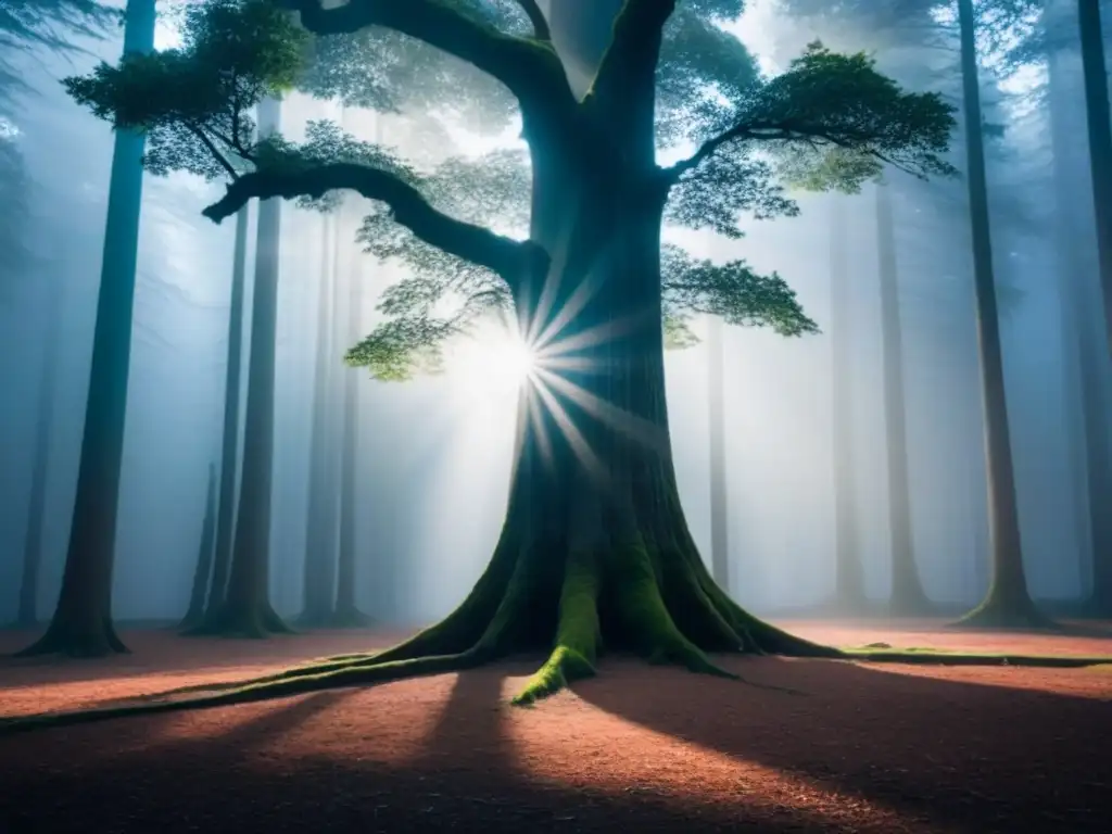 Un árbol solitario destaca en un bosque sereno, con cada hoja y rama representada con precisión