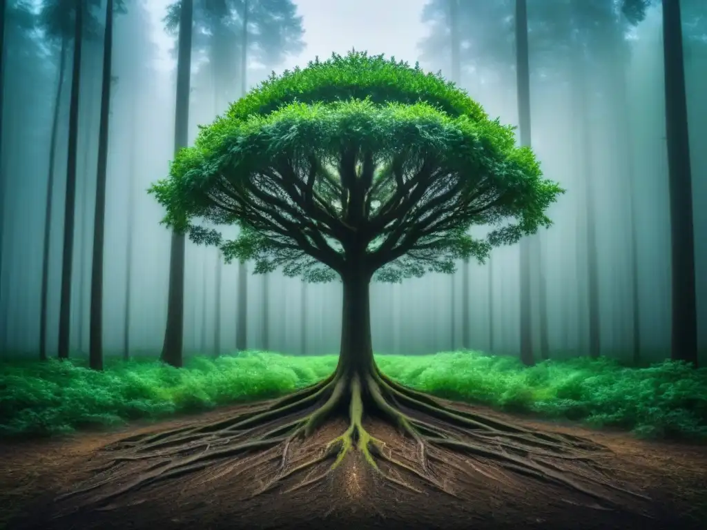 Un árbol solitario en un bosque vasto e inexplorado, con hojas verdes y raíces intrincadas, simbolizando la poesía en movimiento ambiental