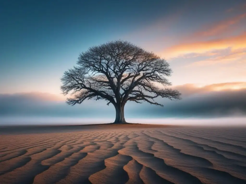 Un árbol solitario destaca en un paisaje árido, simbolizando la relación entre humanidad y naturaleza en el Antropoceno