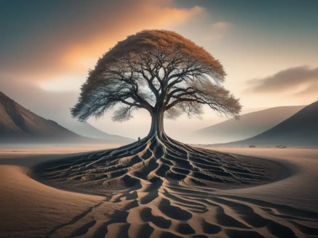 Un árbol solitario se erige entre un paisaje árido, simbolizando la conexión entre la humanidad y la naturaleza en el Antropoceno