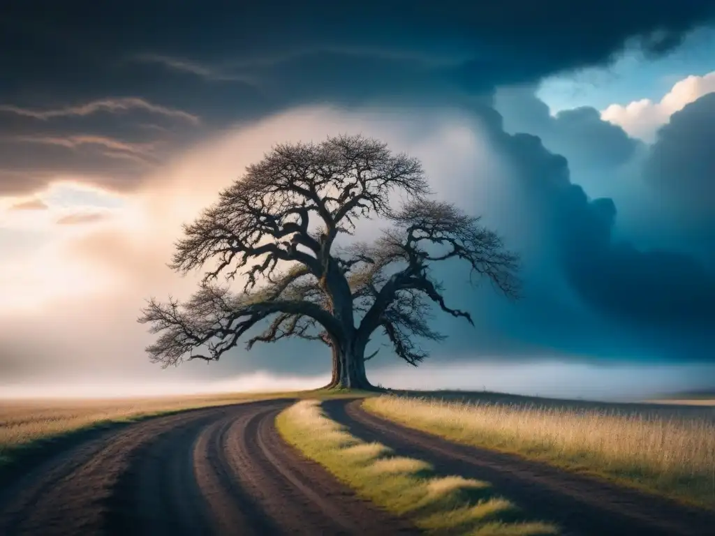 Árbol solitario en paisaje desolado, cielo tormentoso