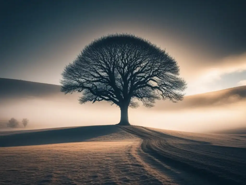 Un árbol solitario se alza en un paisaje desolado, reflejando la resiliencia de la naturaleza ante la humanidad