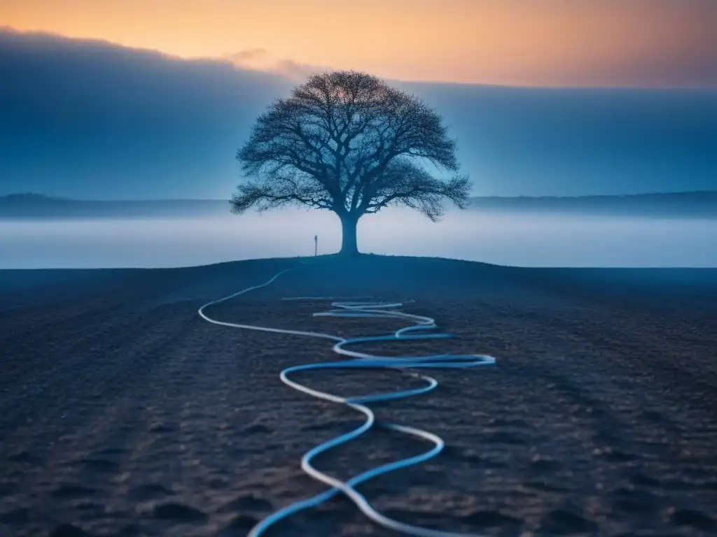 Un árbol solitario en un paisaje desolado, con raíces entrelazadas en cables, evocando poesía sostenible para un planeta verde