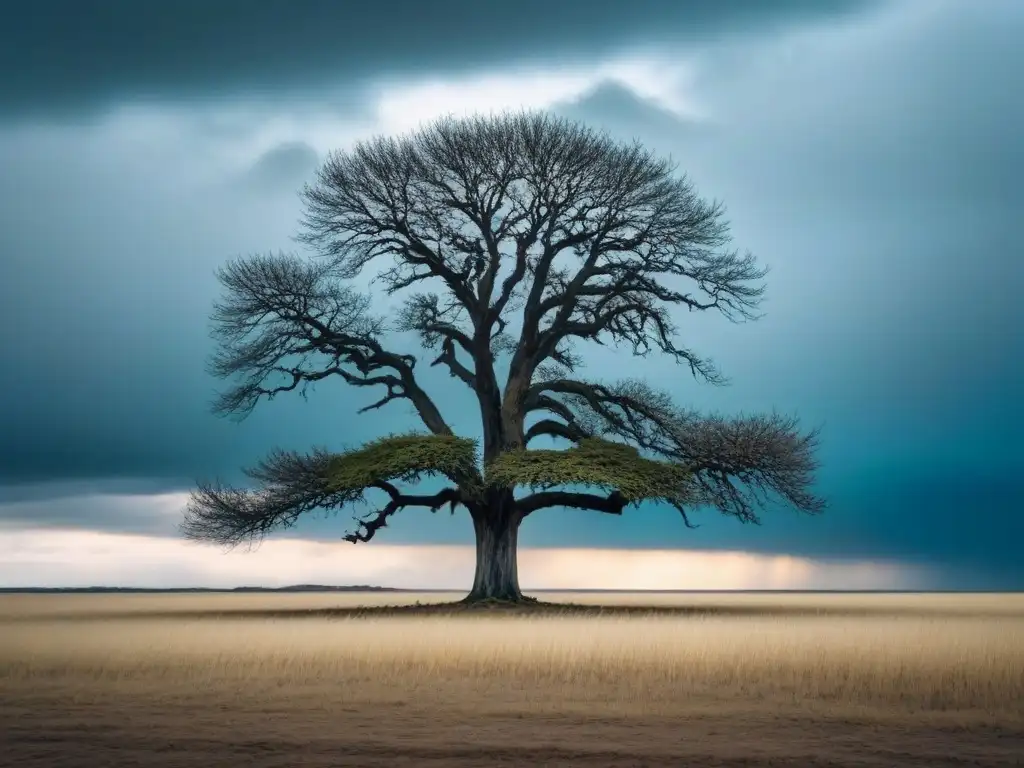 Un árbol solitario en un paisaje desolado bajo un cielo tormentoso, simbolizando la resistencia ante el cambio climático