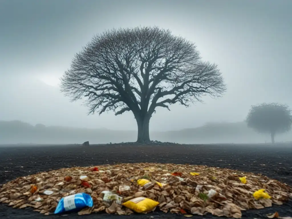 Un árbol solitario marchito en un paisaje desolado, rodeado de desechos plásticos