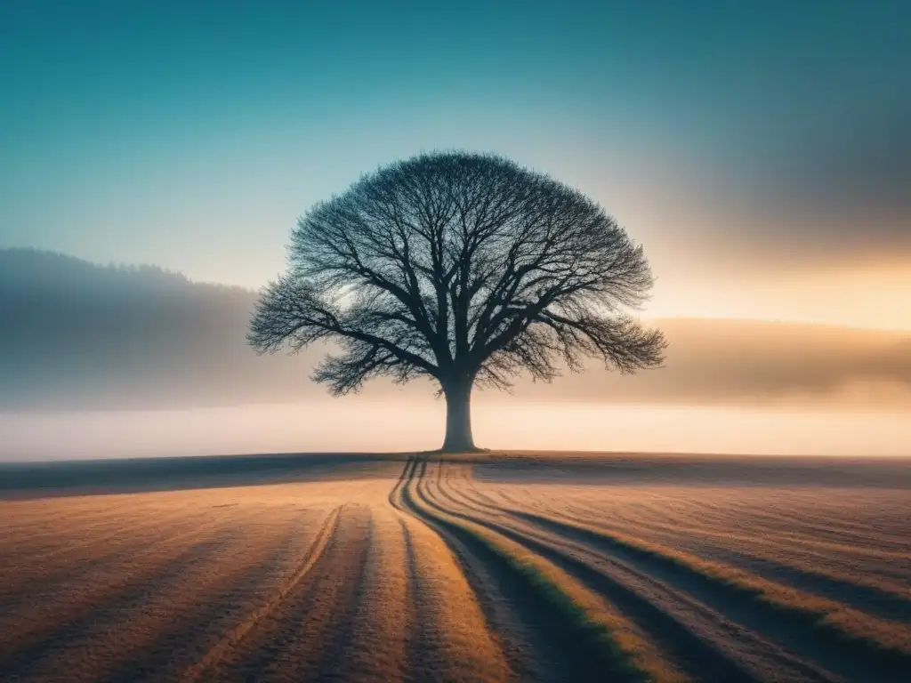 Árbol solitario en paisaje vasto, simbolizando el impacto del Antropoceno en la relación entre humanidad y naturaleza