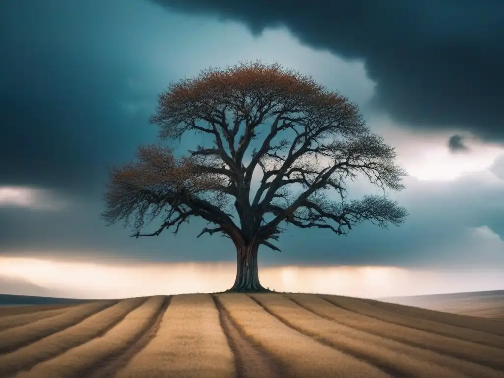 Un árbol solitario desafiando la tormenta en un paisaje árido