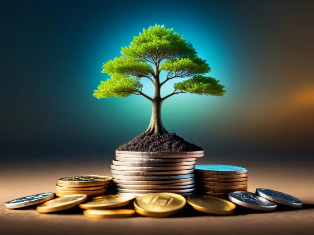 Árbol transparente crece sobre monedas: inversión sostenible Un árbol translúcido crece sobre monedas, simbolizando el crecimiento y la sostenibilidad de las inversiones sostenibles vs tradicionales