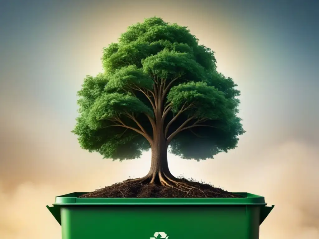 Un árbol verde crece desde un contenedor de reciclaje, simbolizando la Gestión de residuos sostenible con renovación y crecimiento ecoamigable