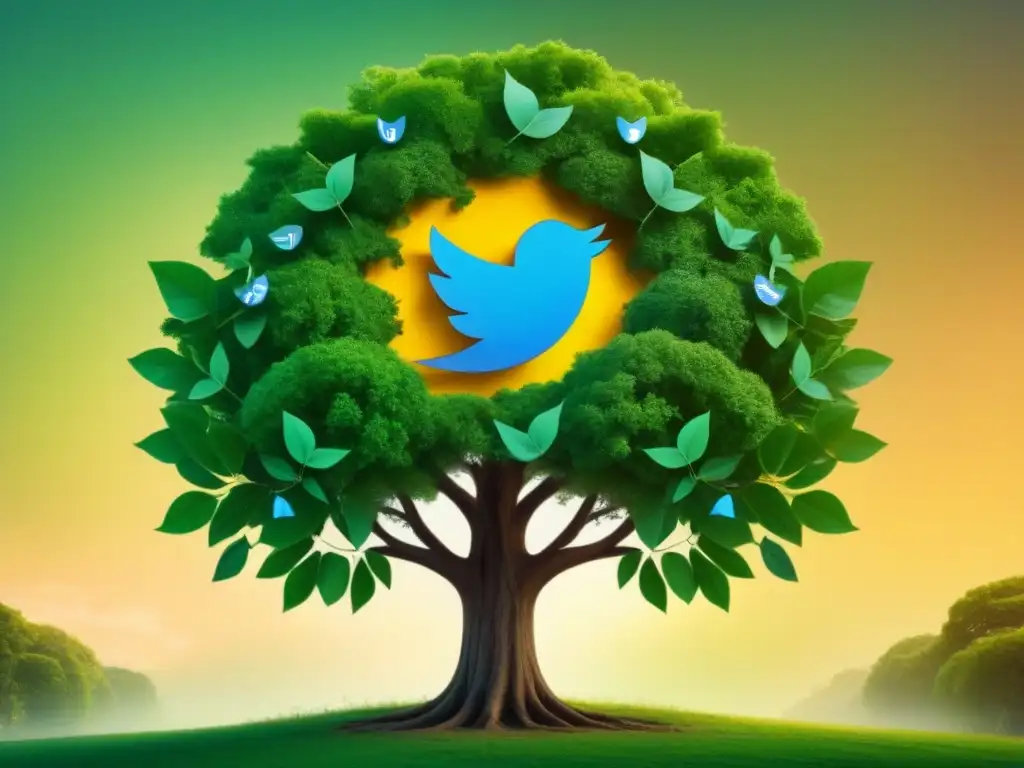 Un árbol verde exuberante con íconos de redes sociales, simbolizando la fusión de la ecología y las redes sociales para ecología
