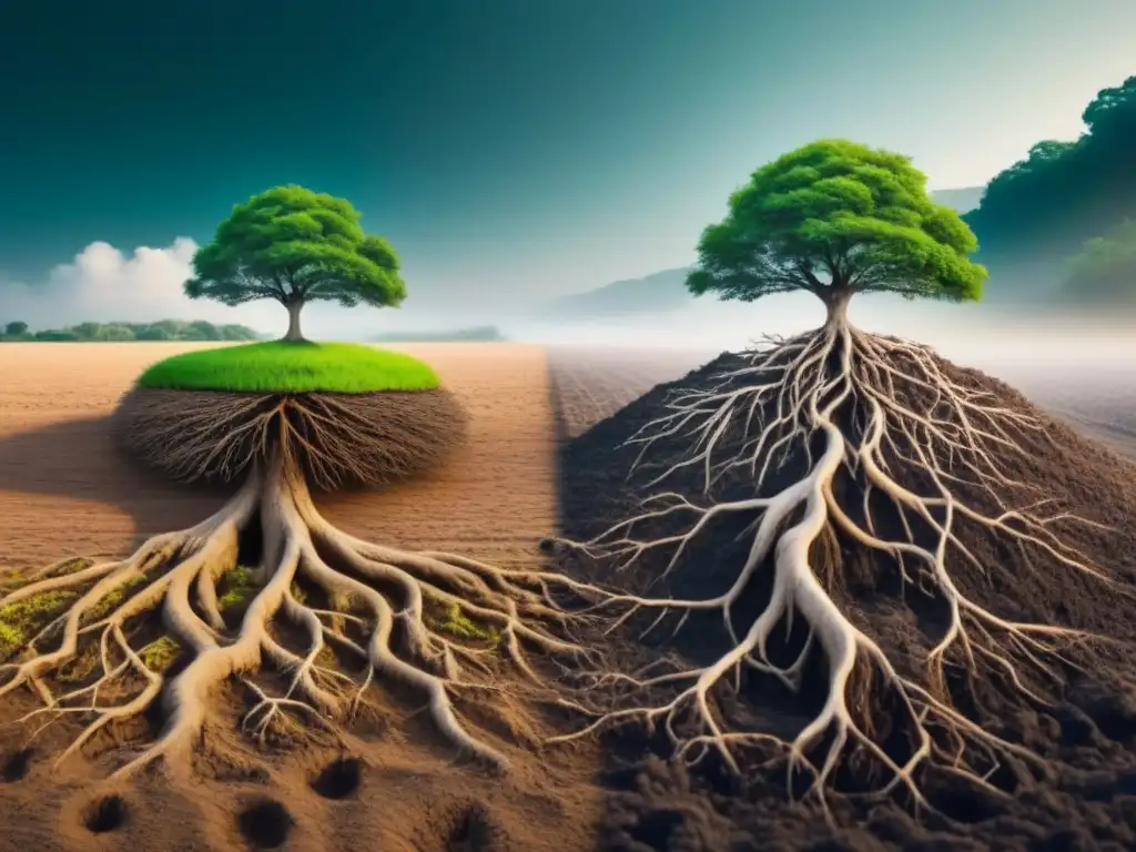 Inversiones sostenibles vs Árbol verde y frondoso junto a árbol marchito, simbolizando Inversiones sostenibles vs tradicionales