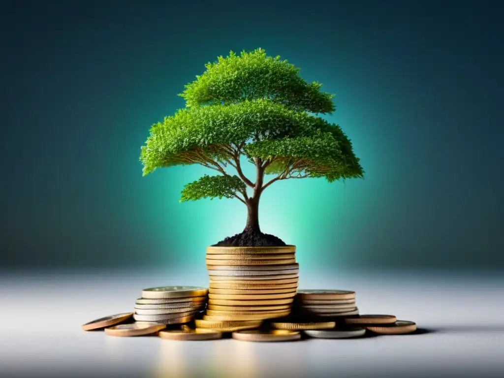 Un árbol verde crece de monedas, simbolizando la cultura empresarial sostenible y beneficios