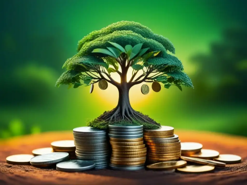 Un árbol verde crece desde monedas, fusionando finanzas y naturaleza