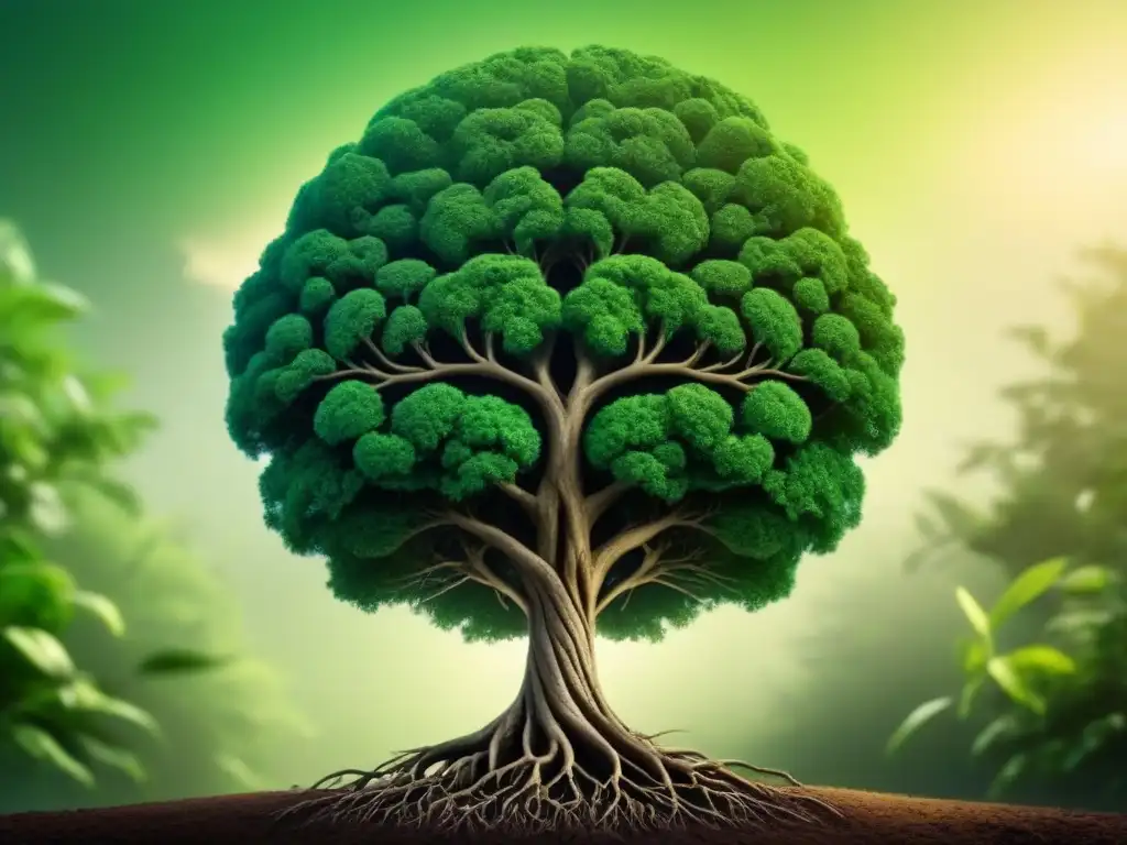 Árbol verde con raíces entrelazadas en cerebro humano, simbolizando conexiones entre educación ambiental y bienestar mental