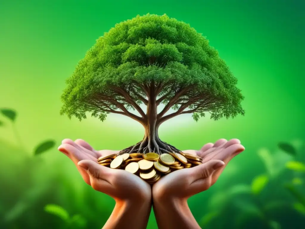 Árbol verde con raíces y gráficos financieros, simbolizando la armonía entre inversiones sostenibles y crecimiento financiero