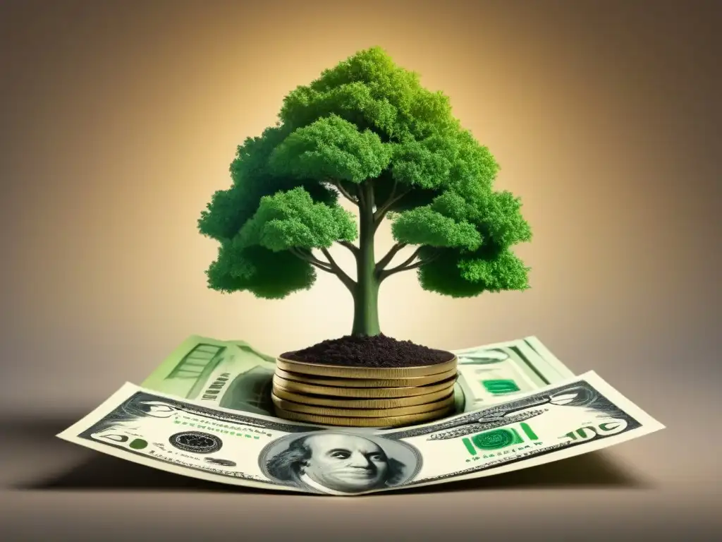 Un árbol verde vibrante crece desde billetes, simbolizando el impacto de los bonos verdes en el mercado financiero