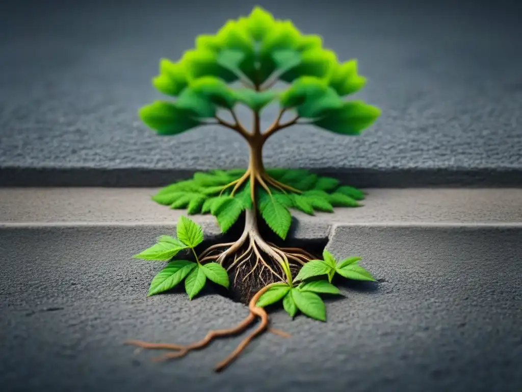 Un árbol verde vibrante crece en grieta de concreto, simbolizando la resiliencia y la naturaleza próspera en lugares inesperados